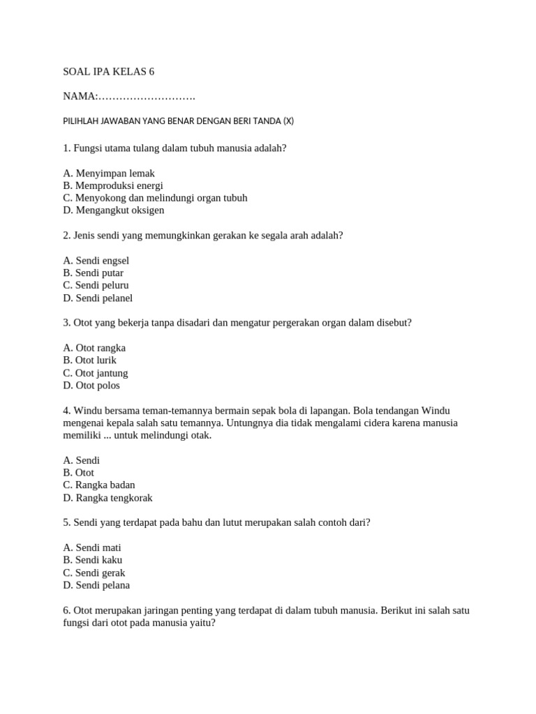 Soal IPA Kelas 6 tentang Rangka dan Otot PDF