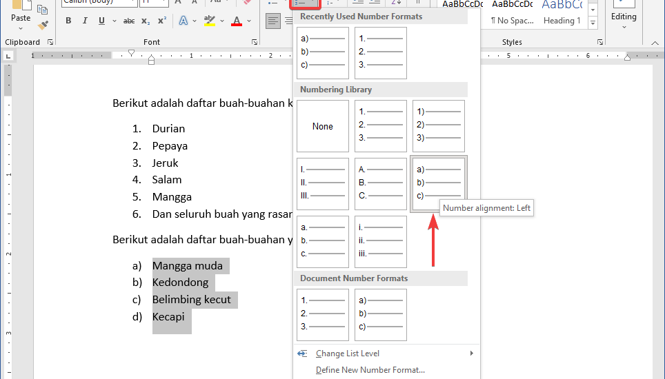 cara mengotomatiskan numbering di word