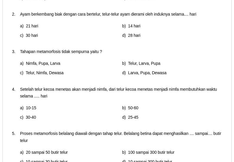 contoh soal ipa kelas 4 siklus hewan level kognitif c4
