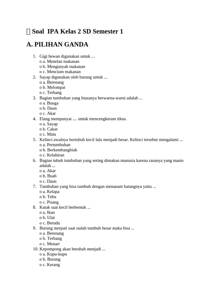 Soal IPA Kelas 2 SD Semester 1 PDF