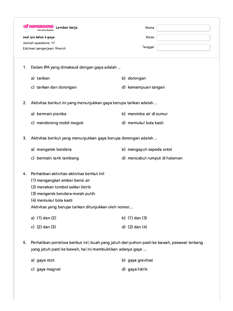 contoh soal ipa mengenai gaya kelas 4