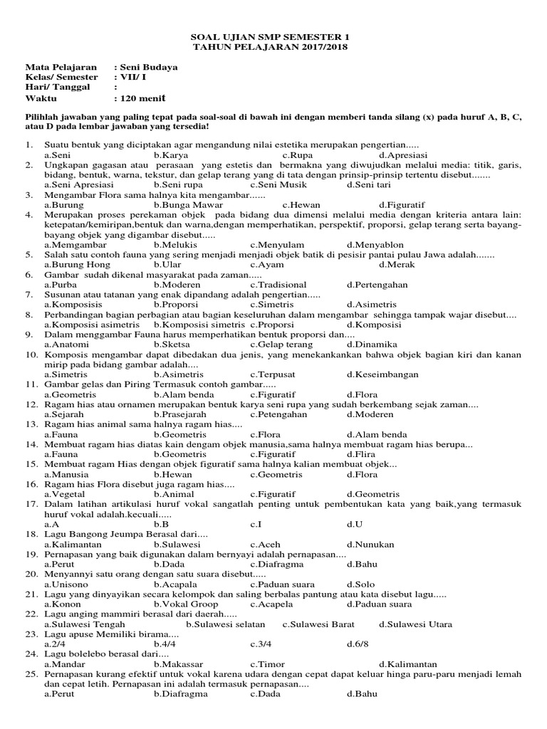 Soal Seni Budaya Kelas 8 Semester 2 - Piffle me