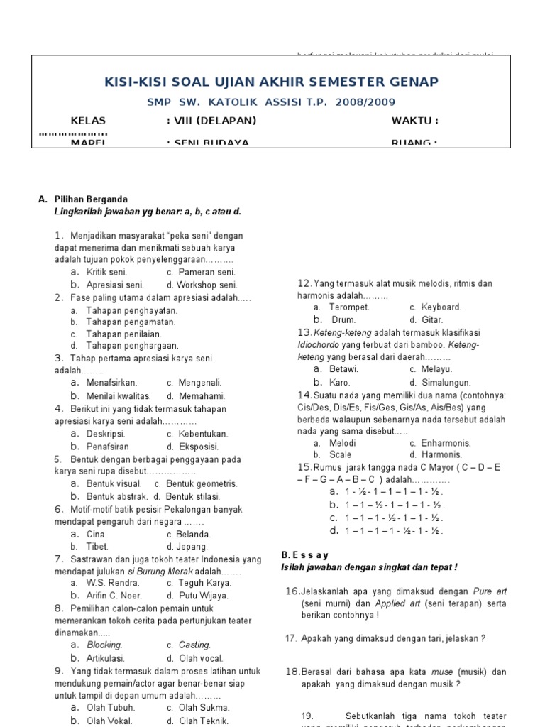 contoh soal seni budaya kelas 8 semester 2