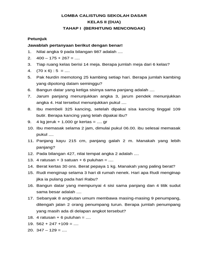 Soal Calistung Kelas 2 SD Terbaru PDF Soal Calistung Kelas 2 SD Terbaru PDF