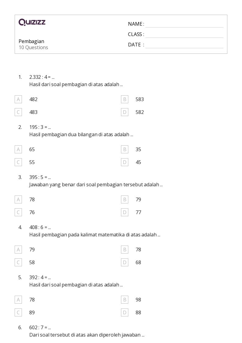 50 lembar kerja Pembagian tanpa Sisa untuk Kelas 4 di Quizizz Gratis