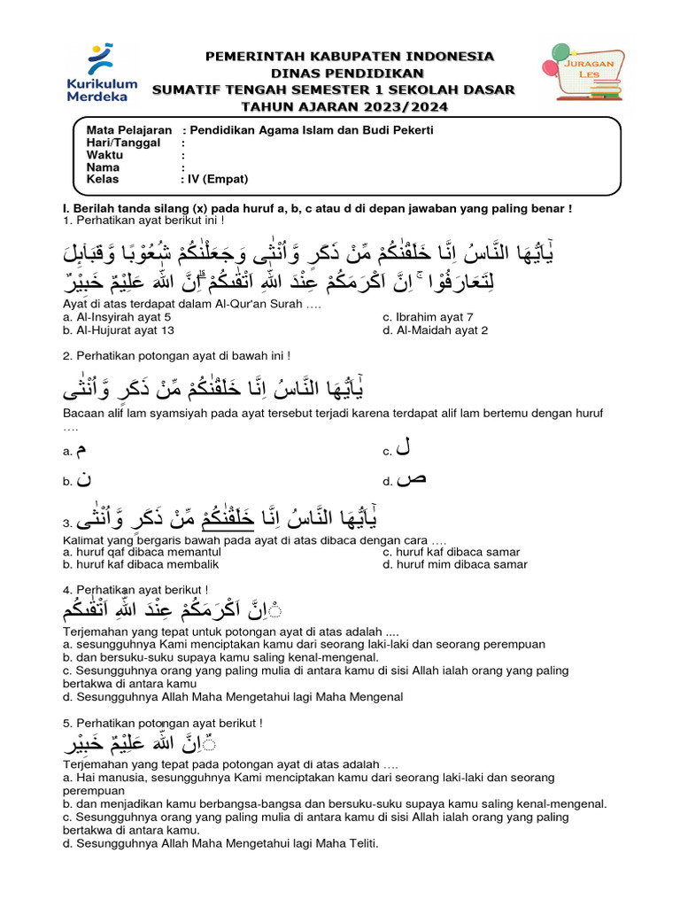 5 Bocoran Soal UTS Agama Kelas 4 Semester 2 Kurikulum 2013 Bab Al-Hujurat