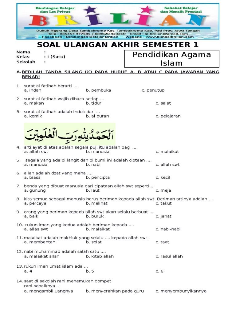 5 Contoh Soal Mid Semester PAI Kelas 1 K13 Paket Terbaru yang Wajib Dikuasai Siswa