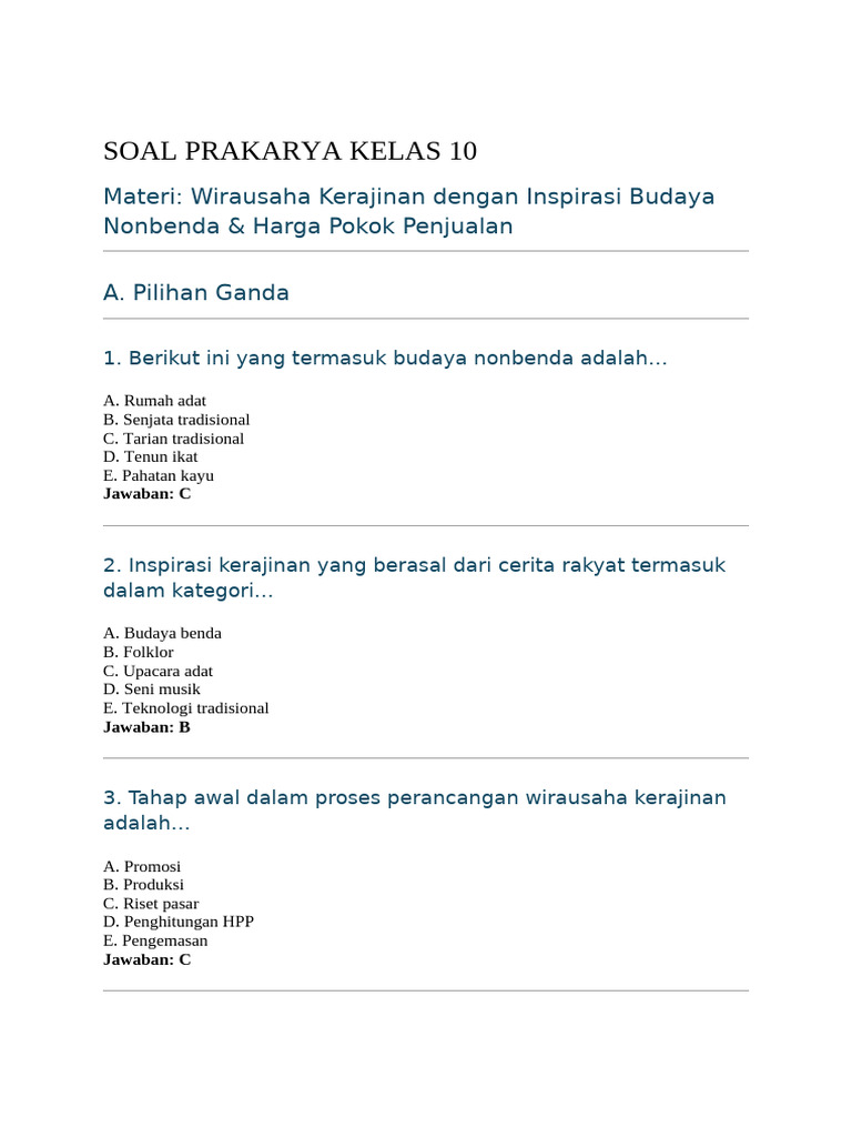 Akhirnya Terungkap 5 Contoh Soal Prakarya Kelas 10 Semester 2 dan Jawabannya yang Sering Muncul