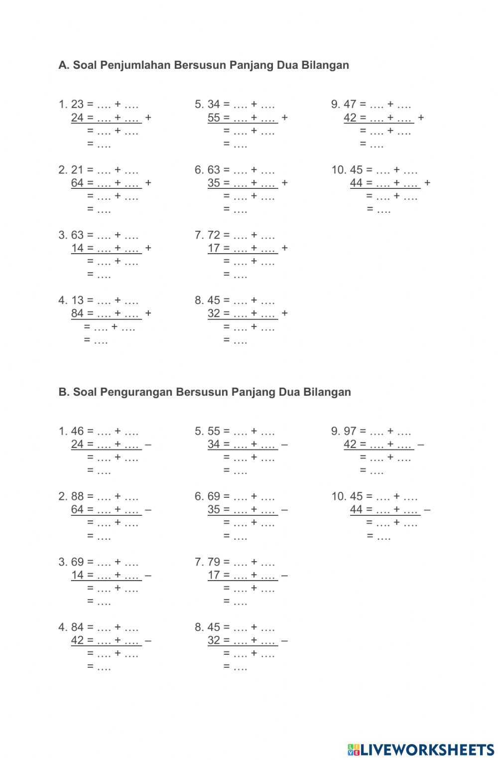 Penjumlahan dan Pengurangan Bersusun Panjang worksheet Pangatnig Penjumlahan dan Pengurangan Bersusun Panjang worksheet Pangatnig
