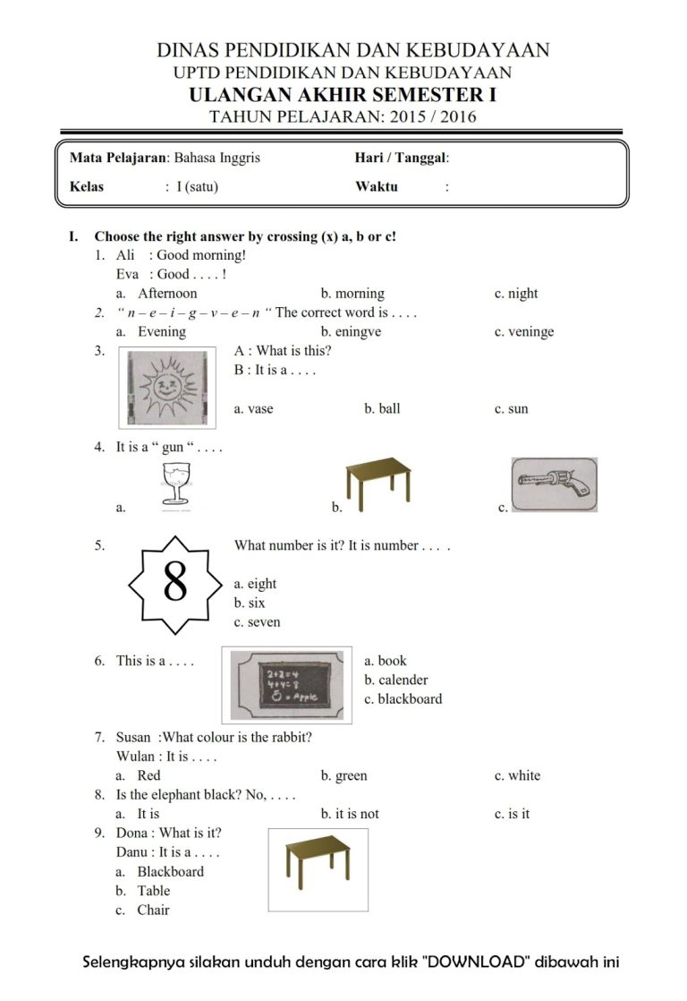 contoh soal mid semester 2 bahasa ingris kelas 1 sd