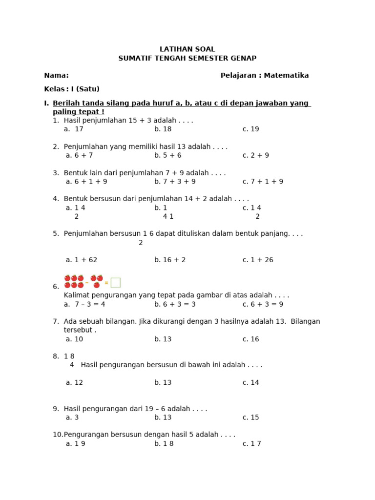 Soal Matematika Kelas 1 Semester Genap PDF
