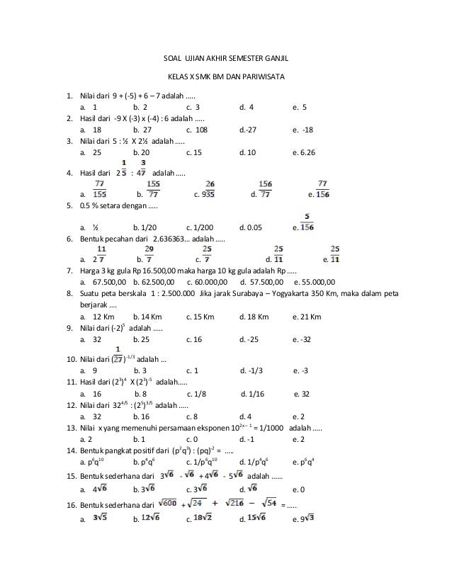 Contoh Soal Matematika Kelas 10 Smk Semester 1 kumpulan soal twk