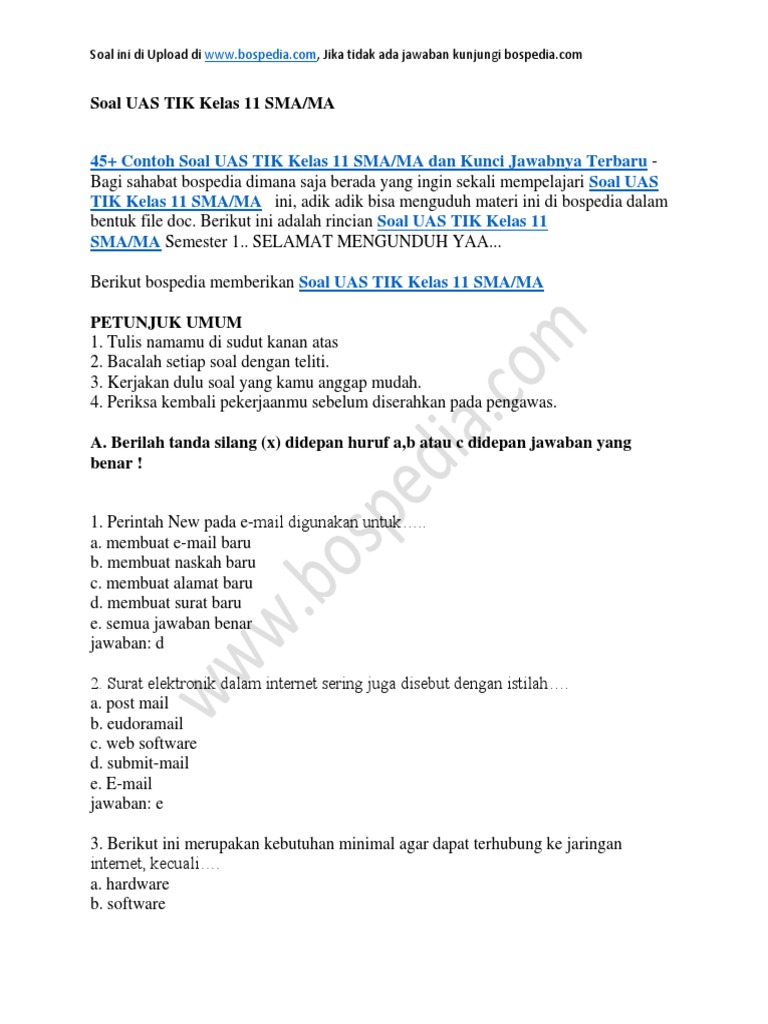 Soal UAS TIK Kelas 11 dan Kunci Jawaban PDF