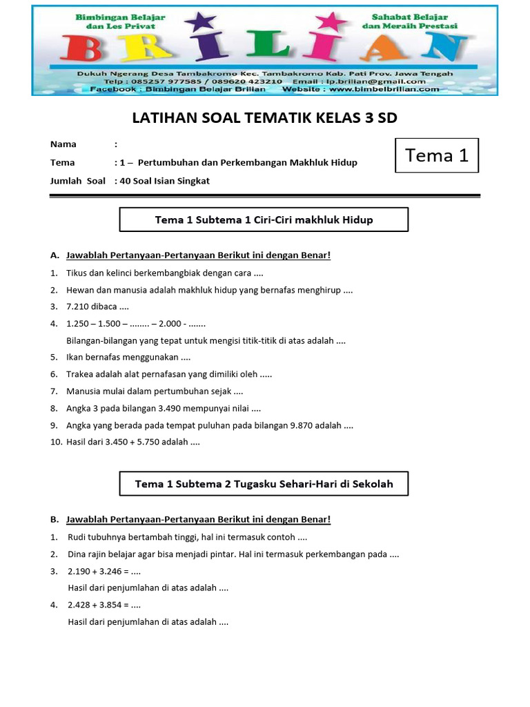 Inilah 15 Latihan Soal SD Kelas 3 Tema 1 yang Wajib Dikuasai Siswa Sebelum Terlambat, Terbukti Bikin Nilai Naik!