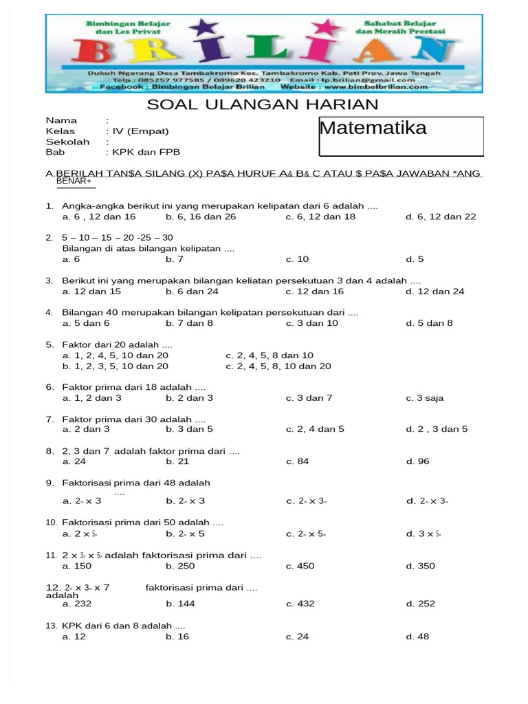 Latihan Soal Matematika Kelas 4 SD FPB dan KPK: 7 Cara Cepat Paham Tanpa Hafal Rumus