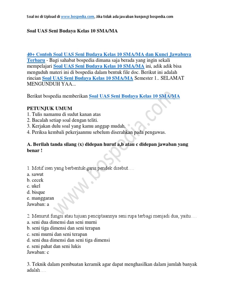 Terbukti 5 Contoh Soal Mid Semester Seni Budaya Kelas 10 Semester 1 Bikin Nilai Naik Cepat