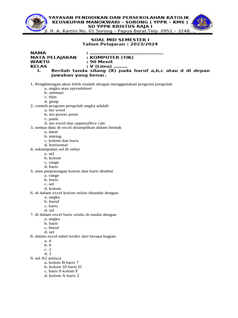 Soal Mid Semester 1 Kelas 5 Ta 2023-2024 PDF Soal Mid Semester 1 Kelas 5 Ta 2023-2024 PDF