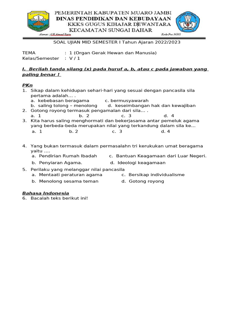 contoh soal mid semester kelas 5 tema 1
