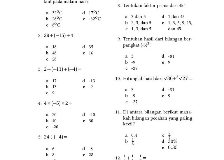 contoh soal mtk kelas 7 semester 1 kurikulum 2013