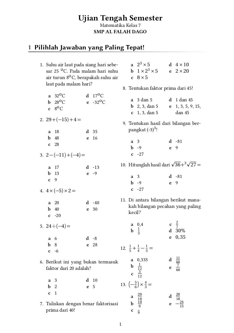 contoh soal mtk kelas 7 semester 1 kurikulum 2013