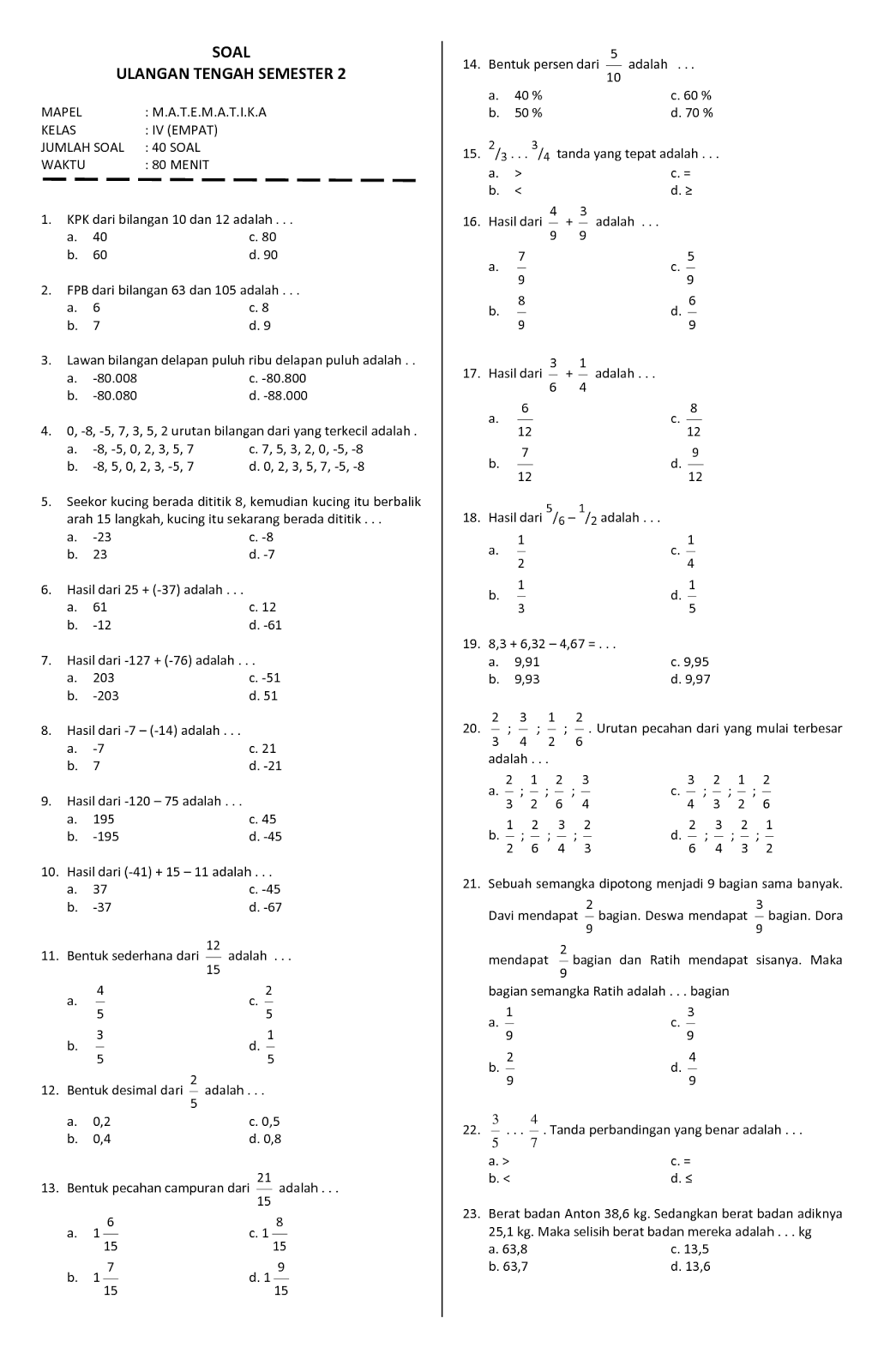 Rahasia Juara! Latihan Soal Matematika Kelas 4 SD Semester 1 Kurikulum 2013 Terupdate