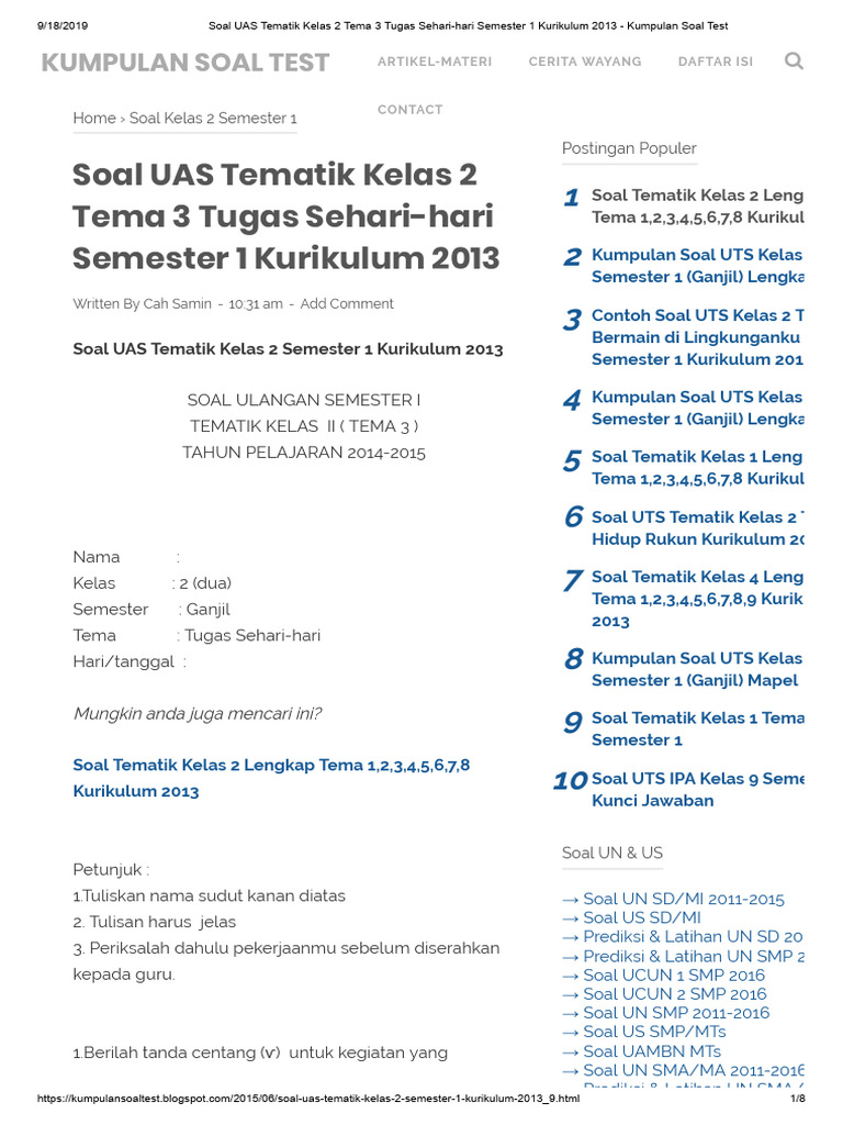 Wajib Tahu Rahasia Lulus Soal UAS 1 Kelas 2 SD K13 Tema 3 Agar Nilai Sempurna